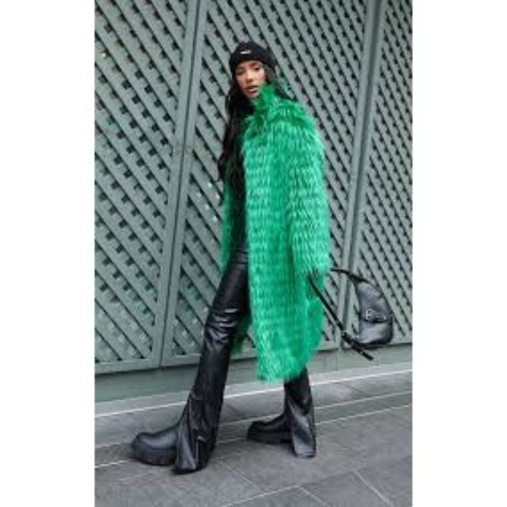NWT Bright Green Ombre Look Shaggy Faux Fur Longline Coat 2 fits 4 6 8